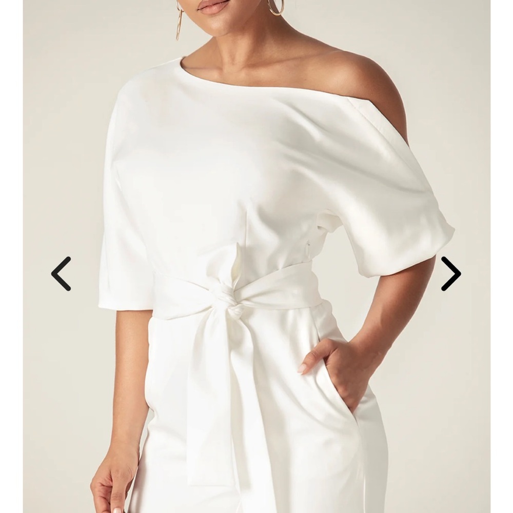 Ana Off-Shoulder Belted Jumpsuit in White - Picture 3 of 15
